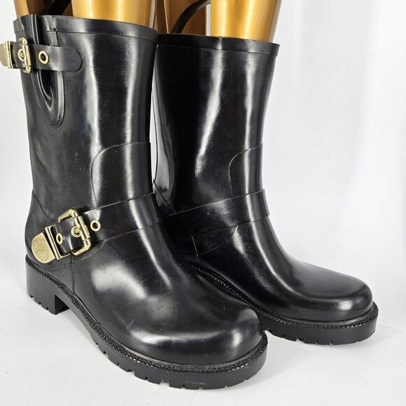Vince Camuto Boots Womens Size 7 Black VC Hinch Rubber Rain Moto Gold Buckle - Picture 4 of 12